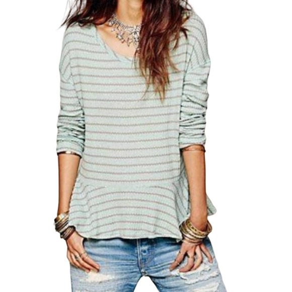 Free People Seaform Striped Knit Sweater Top Aquamarine Peplum Ruffle Hem Medium - Picture 1 of 12